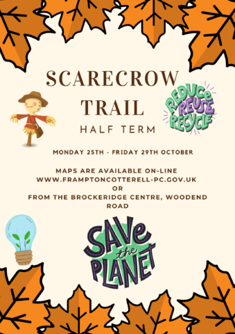 Scarecrow Trail, Half Term. Autumnal leaves border top and bottom, Save the Planet logo, cartoon scarecrow, lightbulb, and a circular graphic which reads, "REDUCE, REUSE, RECYCLE"