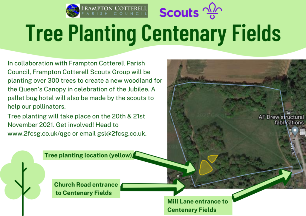 tree planting at centenary fields with a map of tree location. Trees will be located near the church road entrance