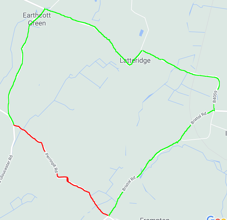 Map of roads between Earthcott Green in the top left, Latteridge in the middle, and Frampton in the lower middle. Perrinpit Road is highlighted in red.