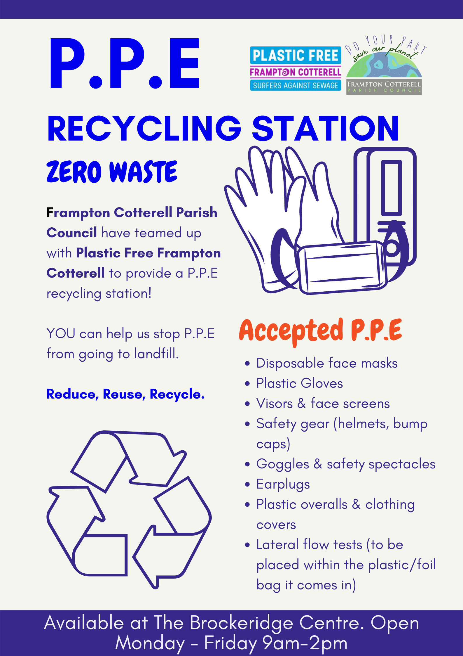 PPE RECYCLING STATION with picture of gloves, mask and lateral flow test