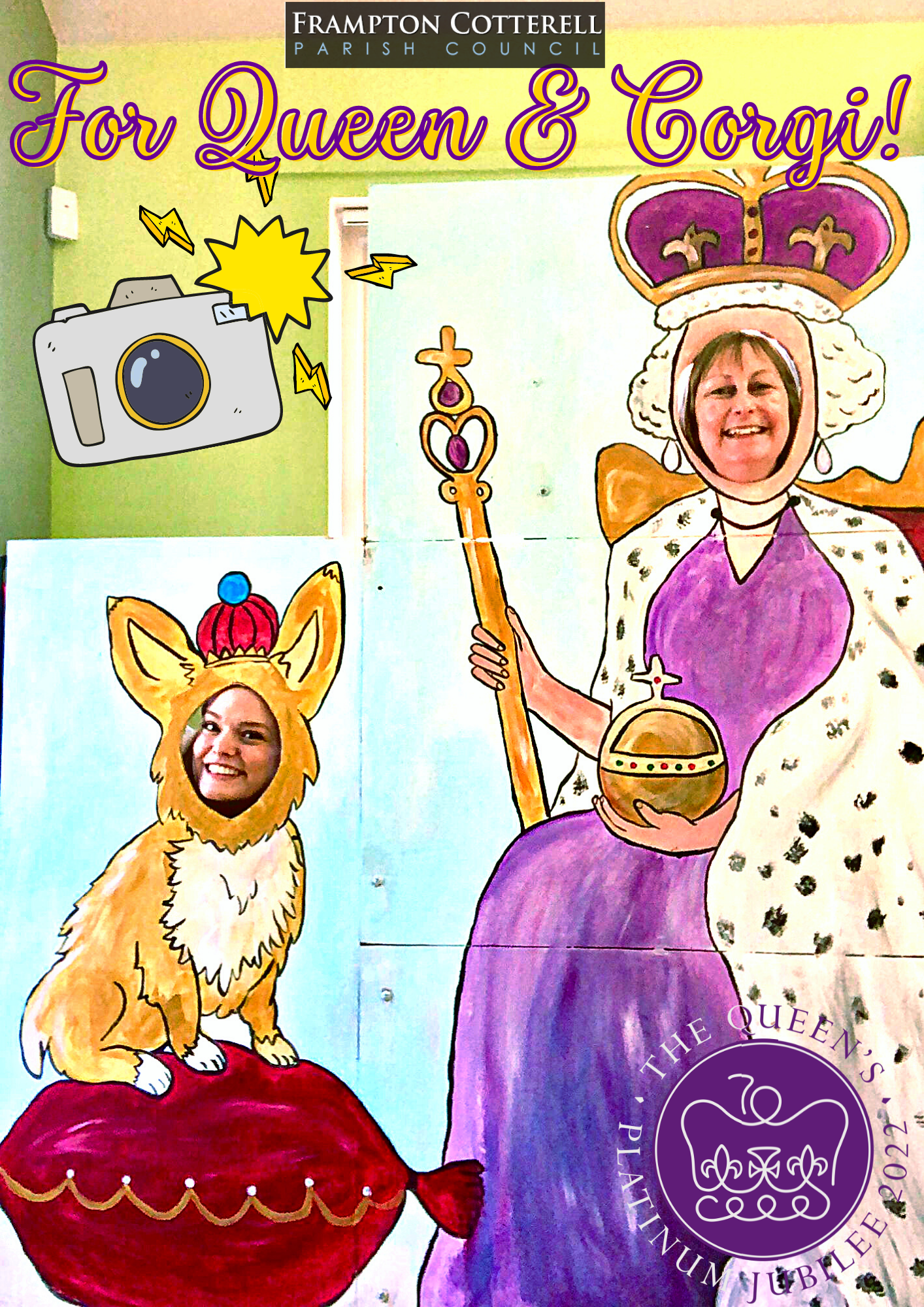 Photograph of a Queen & Corgi photo stand in board. It is a large wooden board, about 6 feet tall, painted with stylised images of the Queen on her throne and a corgi wearing a crown. Oval holes have been cut out where the Queen's face and the Corgi's face would be, and two smiling people are looking through the holes. A cartoon camera sticker has been added to the top left of the photo, and along the top are the words "For Queen & Corgi!" in gold and purple calligraphic font.