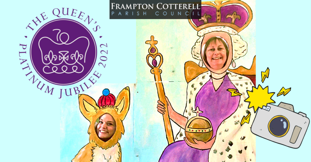 Photograph of a photo stand in board painted with stylised images of the Queen and a corgi. Two people, smiling, look through the holes cut out over the Queen and Corgi's faces. To the left, a large logo of the Platinum Jubilee has been added to the photo, along the top is the logo for Frampton Cotterell Parish Council, and to the lower right is a cartoon sticker of a camera.