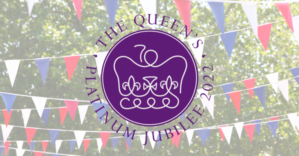 The Queen's Platinum Jubilee 2022 - official jubilee logo over a semi transparent background image of red white and blue bunting