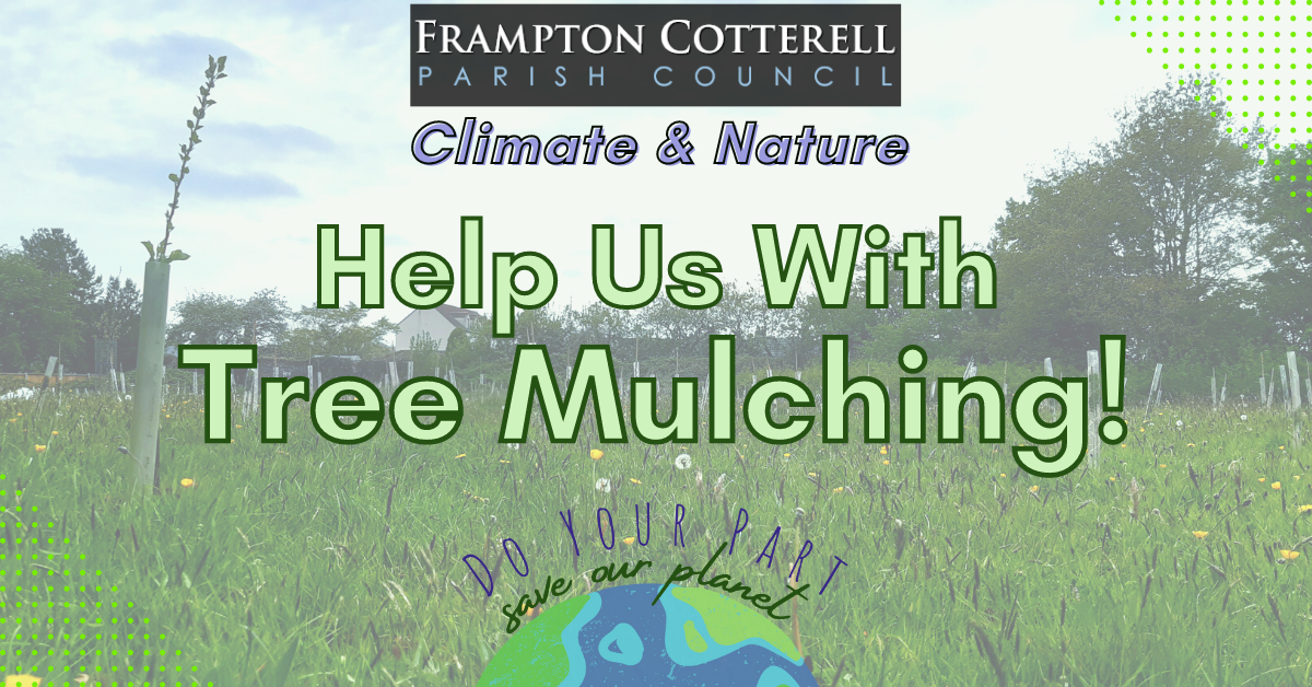 Frampton Cotterell Parish Council Climate & Nature / Help Us With Tree Mulching / Logo: Do your part, save our planet. Background photo, semi-transparent, of the saplings at Centenary Field.