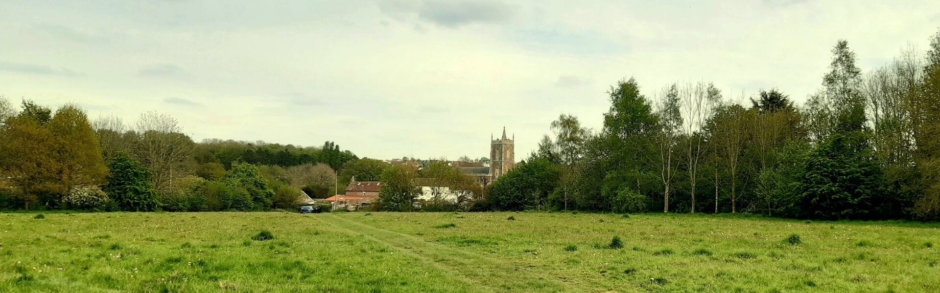 A photograph of a view across the Centenary Field Meadow, overlooking St. Peter's Church.