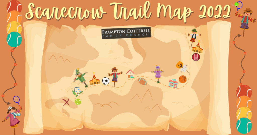 Scarecrow Trail Map 2022. Frampton Cotterell Parish Council. Cartoon treasure map bisected by a wiggly dotted line with an X at the end. Along the line are little cartoons of houses, churches and shops, scarecrows, and sports balls.