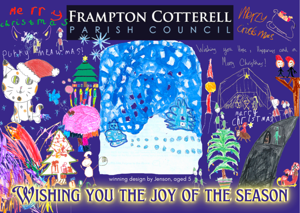 Frampton Cotterell Parish Council - Wishing you the Joy of the Season. The image is covered in children's drawings and handwritten Christmas messages. The main image in the centre is a child's painting of a blue and white snowy winter scene with a snowman and a Christmas tree. The caption beneath reads, Winning design by Jenson, aged 5