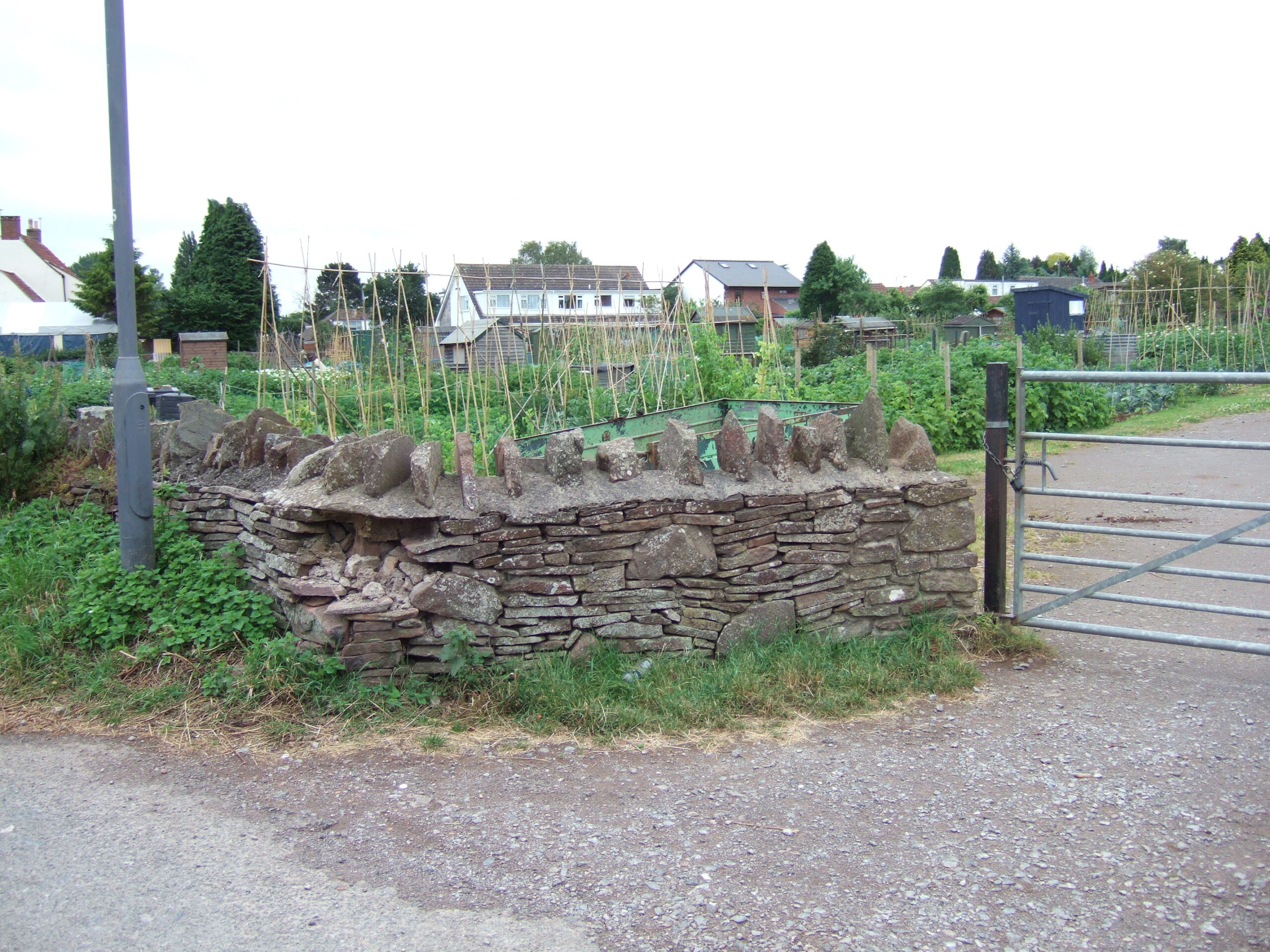 The access gate to Centenary Field on Mill Lane. A drystone wall and a large metal gate.