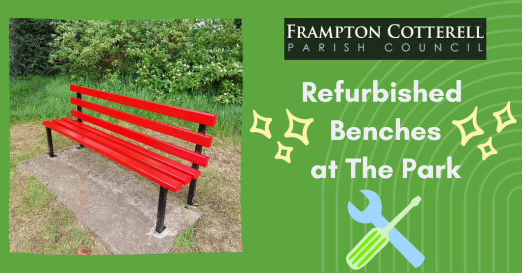 Photograph of a newly refurbished red metal bench. Text reads, Frampton Cotterell Parish Council, Refurbished Benches at The Park