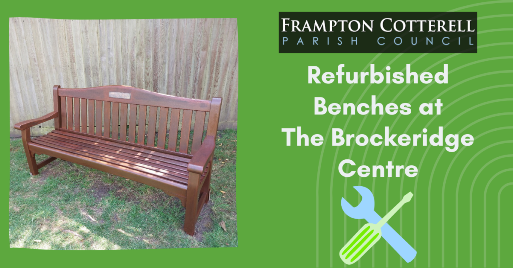 Frampton Cotterell Parish Council. Refurbished Benches at The Brockeridge Centre. Photograph of a clean, freshly painted bench.
