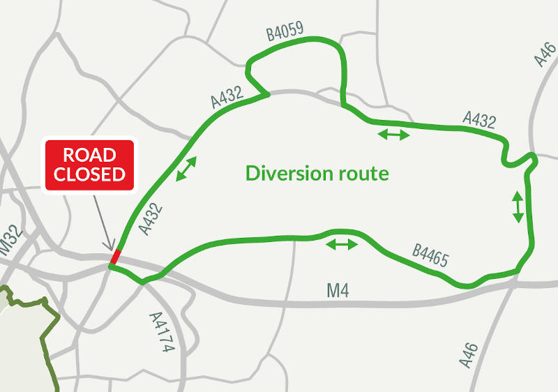 A map of the suggested diversion routes for the Badminton Road overbridge closure, showing the diversion routes: northbound via the B4465 Westerleigh Road up to A46 and into Yate via A432; and southbound in reverse. 