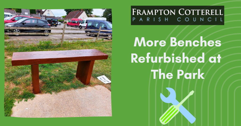 Frampton Cotterell Parish Council. More Benches Refurbished at The Park. Photograph of a refurbished and varnished bench,