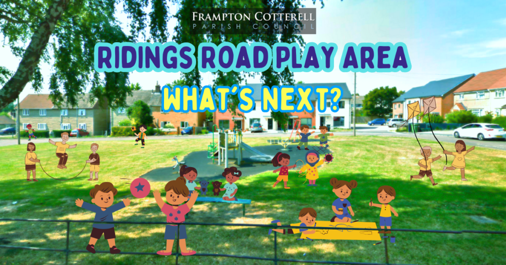 Frampton Cotterell Parish Council. Ridings Road Play Area: What's Next? photograph of ridings road play area on a sunny day overlaid with cartoon graphics of children at play.