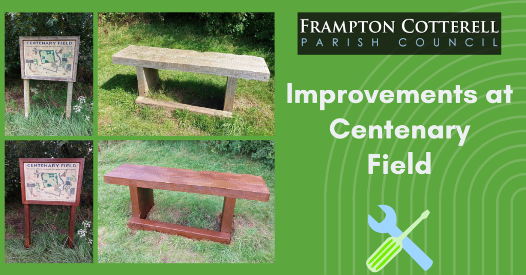 A 4-piece photo collage showing before and after photos of a bench and a display sign. Text to the right reads, "Frampton Cotterell Parish Council. Improvements at Centenary Field."