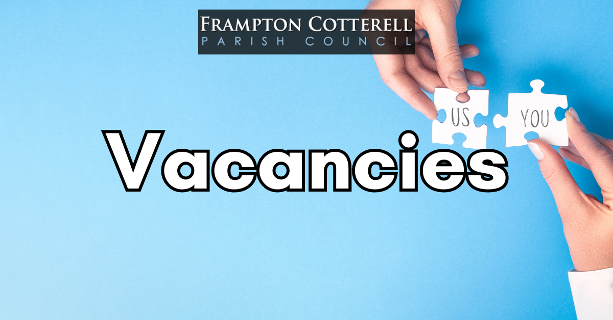 Frampton Cotterell Parish Council: Vacancies. Text over a photograph of two hands holding puzzle pieces over a blue background. One puzzle piece is labelled "US" the other is labelled "YOU". The hands are coming together to join the puzzle pieces.