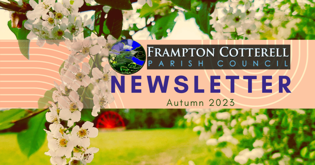 A photograph of the red Centenary Wheel at Centenary Field, with tree blossoms in the foreground. The tree blossom overhanging in the foreground has been edited so that it is hanging over a text banner in peachy orange, upon which the text reads, "Frampton Cotterell Parish Council Newsletter Autumn 2023".