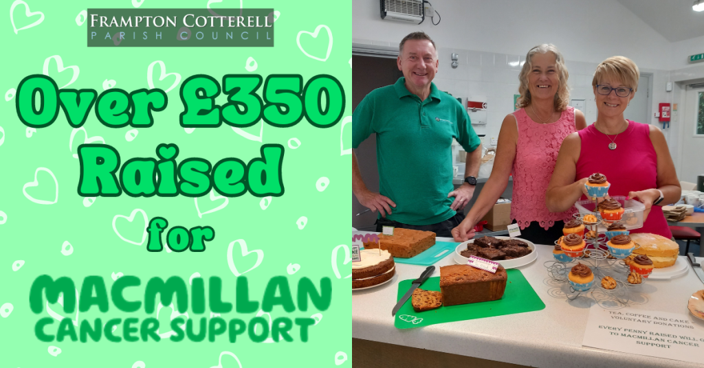 Three smiling Parish Council staff members behind the service counter with an array of cakes. Text reads "Frampton Cotterell Parish Council. Over £350 Raised for Macmillan Cancer Support"