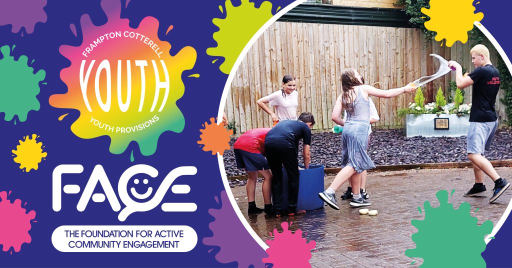 Frampton Cotterell Youth Provisions. FACE: the foundation for active community engagement. Photograph to the left shows a group of children and young teenagers having a waterfight on the patio outside the Brockeridge Centre.