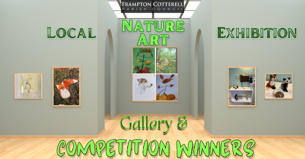 A digital image of an art gallery with eight different canvases on the walls. Photographs of art from the Frampton Cotterell Parish Council local nature art exhibition have been added to these frames to look like they are hanging in the gallery. Text over the image reads, Frampton Cotterell Parish Council Local Nature Art Exhibition: Gallery & Competition Winners