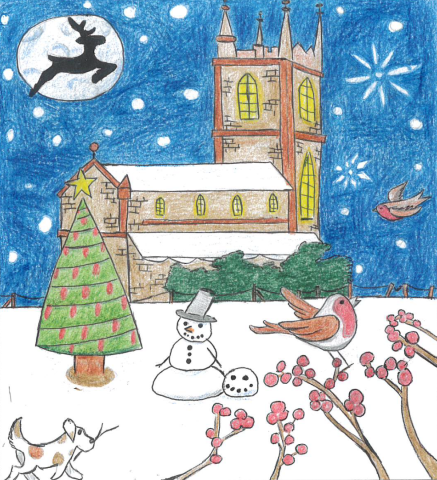 a very detailed coloured pencil drawing of St. Peter's Church in Frampton Cotterell. It is night time and stars are shining, and a blanket of snow covered the ground. A reindeer flies in front of the full moon. A Christmas tree is lit up with a star. One small robin flies through the air, whilst another hops on a branch. A small spotty dog is carrying a stick. A snowman wearing a top hat smiles, with another smiling snowman's head on the ground beside him. Text to the left reads, Wishing you and your loved ones a very merry Christmas & a Happy New Year, from Frampton Cotterell Parish Council. The parish council logo is in the lower right corner.