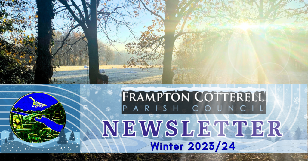 Frampton Cotterell Parish Council logo. Frampton Cotterell Parish Council Newsletter, Winter 2023/24. Photograph of sunlight bursting through trees bare of leaves at a frosty Centenary Field.
