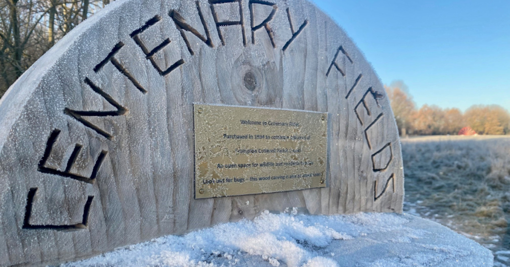 The top of the wooden Bug Hotel at Centenary Field, a wooden sculpture. The top is carved with the words Centenary Fields and bears a plaque (writing too small to read). It is covered in thick frost!