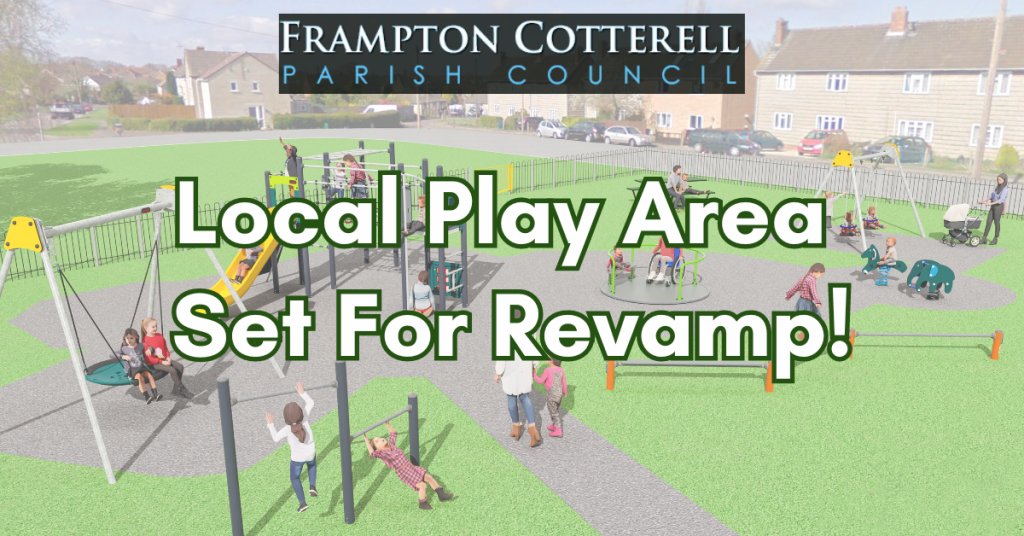 Local Play Area Set For Revamp. Frampton Cotterell Parish Council. A 3D visual of the planned improvements for the Ridings Road Play Area. The play area includes balances beams, a climbing frame, and a large circular net swing.