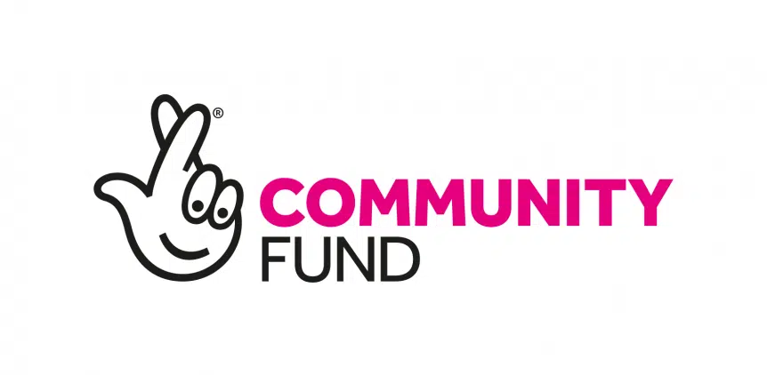 Image of Community Fund Logo from the National Lottery  with cartoon hand with fingers crossed