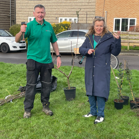 Cllr. Linda Williams and Parish Council staff member, Steve, stand in front of lots of potted saplings ready to plant at the play area.