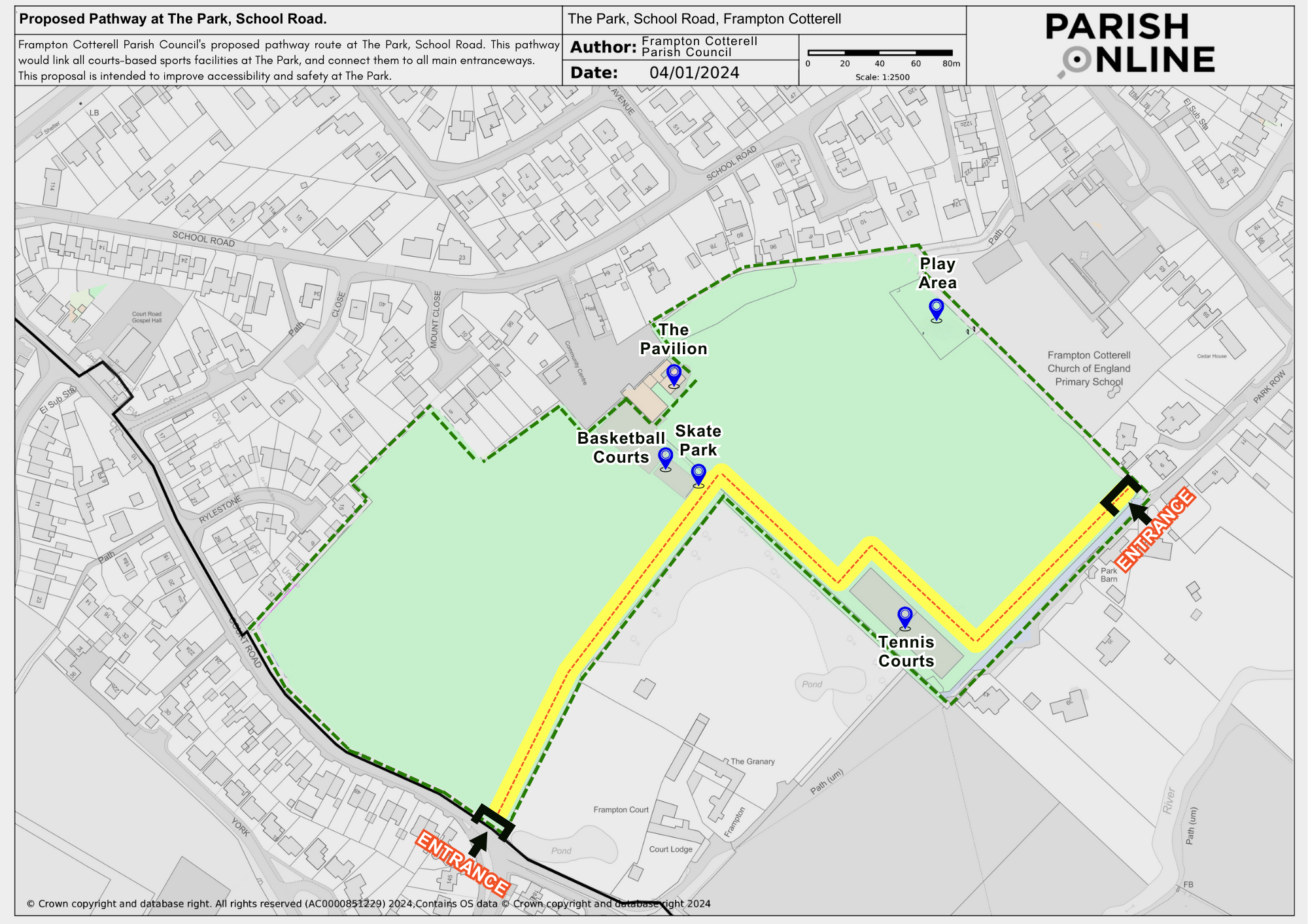 An OS map of The Park, School Road, with a yellow line marking the proposed pathway route. Text above the image reads, Frampton Cotterell Parish Council's proposed pathway route at The Park, School Road. This pathway would link all courts-based sports facilities at The Park, and connect them to all main entranceways. This proposal is intended to improve accessibility and safety at The Park. Author - Frampton Cotterell Parish Council. Date: 04/01/2024. Scale: 1:2500. Parish Online logo. Crown copyright and database right. All rights reserved (AC0000851229) 2024, Contains OS data. 