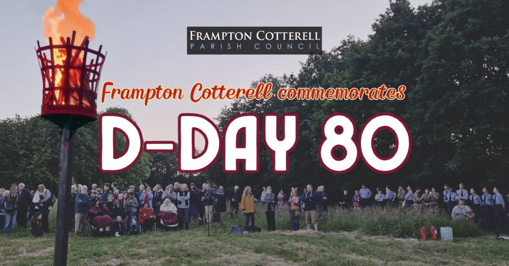 A large crowd of people watch the burning Centenary Field Beacon at sunset. Frampton Cotterell Parish Council logo. Frampton Cotterell Commemorates D-Day 80.