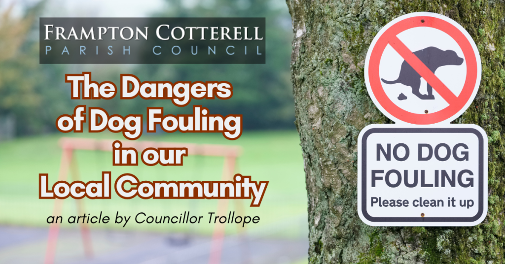 Frampton Cotterell Parish Council. The Dangers of dog fouling in our local community. A "no dog fouling" sign on a tree in a park.