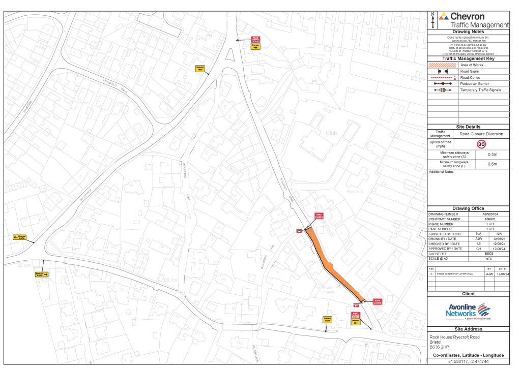 A map from South Gloucestershire Council showing the planned closures/area of work on Ryecroft Road. The area affected is the southern end of Ryecroft Road, from approximately Ryecroft Court to the junction near The Windmill.