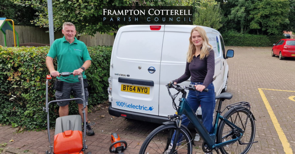 Frampton Cotterell Parish Council. Estates Officer Steve and Nature Officer Daisy with the Frampton Cotterell Parish Council electric powered van, lawnmower, leaf blower, and new electric bike.