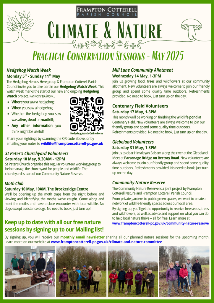 Climate & Nature Practical Conservation Sessions May 2025 poster. All information on this poster is repeated in the main text, below.