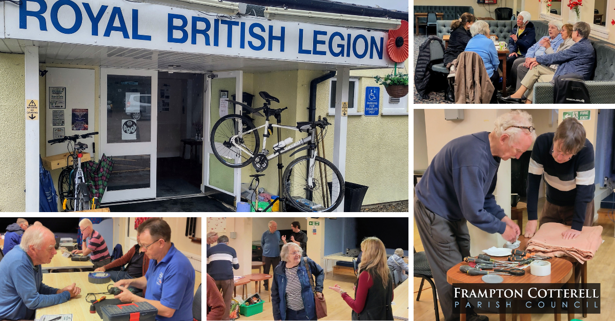 Collage of five photos from our Repair Cafe sessions, showing the front of the British Legion with bicycle repair out front, a group of ladies laughing and sewing, people talking, and people fixing various items. Frampton Cotterell Parish Council logo.